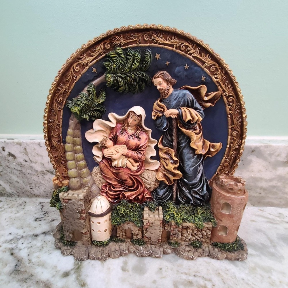 Hand Painted Holy Family Nativity Sculpture Polyresin Religious Decor w/ Box